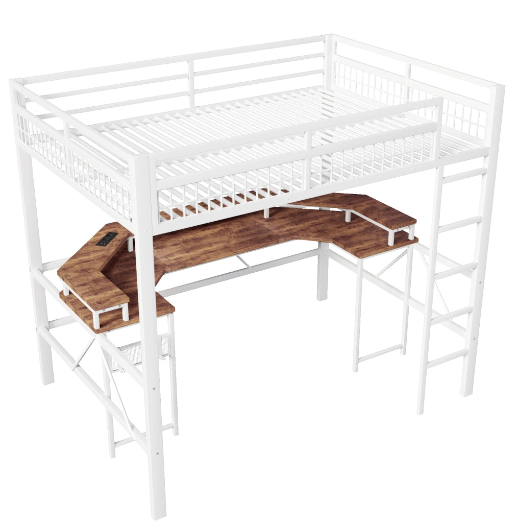 Letto a soppalco 140x200 cm con struttura in ferro, scrivania integrata e striscia LED multicolore, bianco, senza materasso