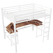 Letto a soppalco 140x200 cm con struttura in ferro, scrivania integrata e striscia LED multicolore, bianco, senza materasso