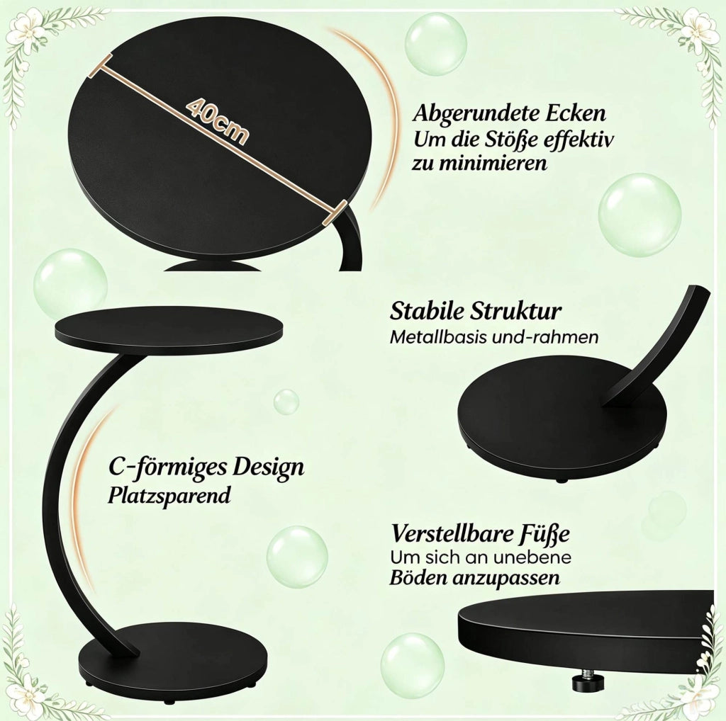 Tavolino laterale rotondo a C in MDF E1 e metallo, 40x64,5 cm, colore nero