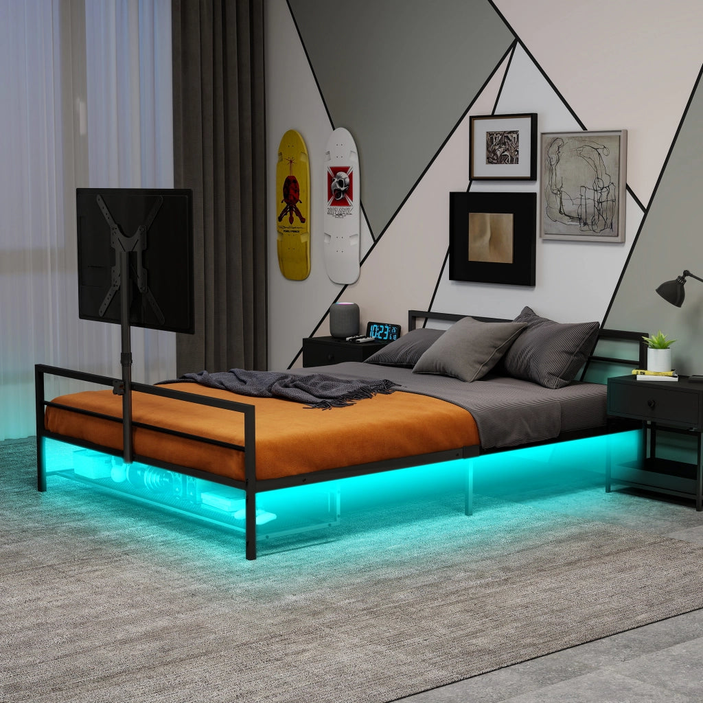 DESMIU Letto adulto in metallo nero con supporto schermo regolabile, LED, cestello portaoggetti, senza materasso