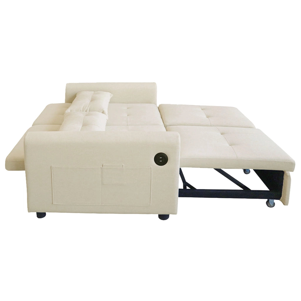 Divano letto 2 posti 3 in 1 beige in tessuto effetto lino con schienale regolabile; USB e tasche