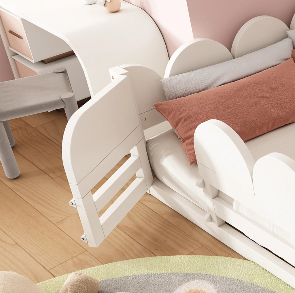 Letto Montessori per Bambini 140x200 cm Bianco con Rete, Sponda, Porta e Mensola