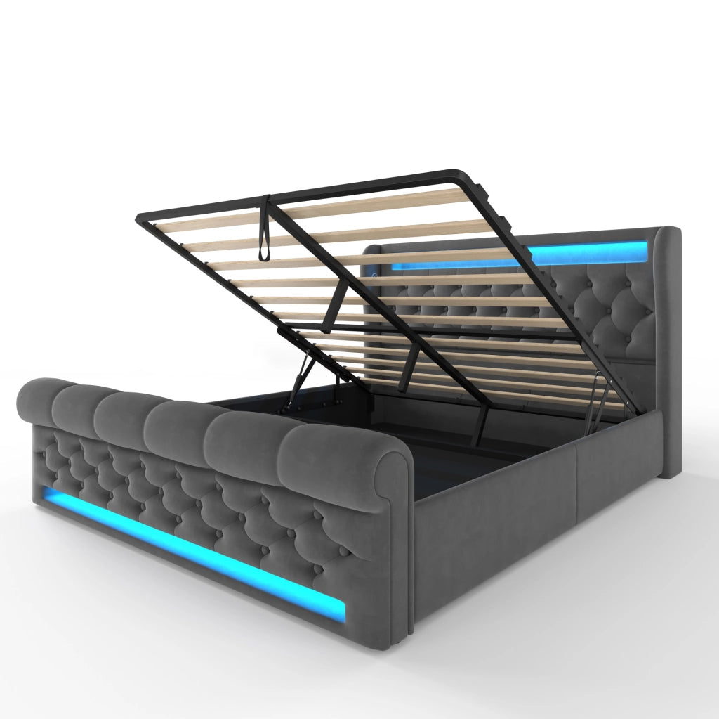 Letto matrimoniale contenitore idraulico 160 × 200 cm con LED; USB e USB-C; velluto grigio