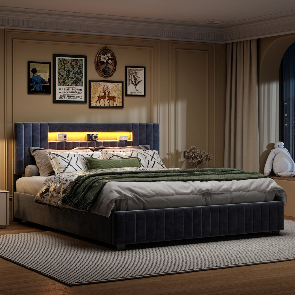Letto matrimoniale 140x200 cm grigio velluto, testiera con vano e luci LED RGB, controllo app e telecomando, struttura moderna camera da letto