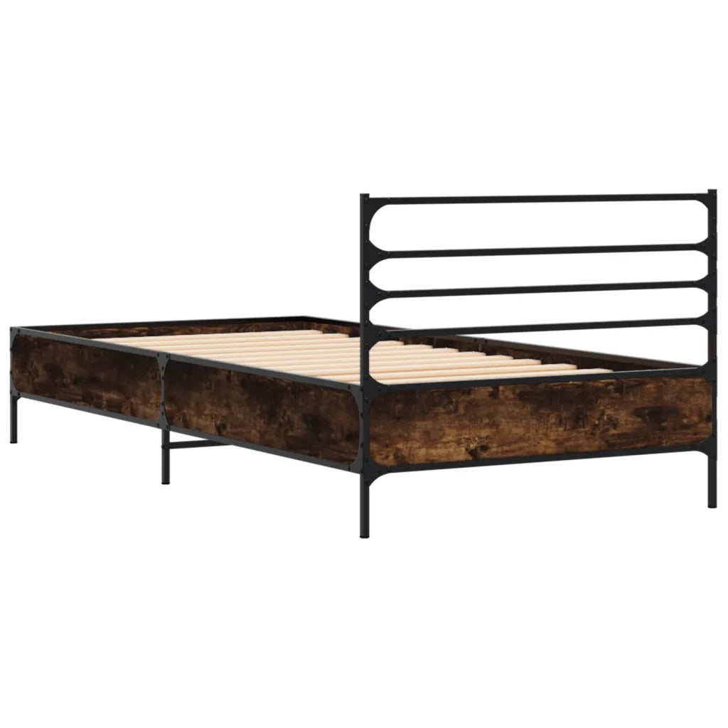 Letto singolo | Letto per adulti | Giroletto Rovere Fumo 90x200 cm in Legno Multistrato e Metallo