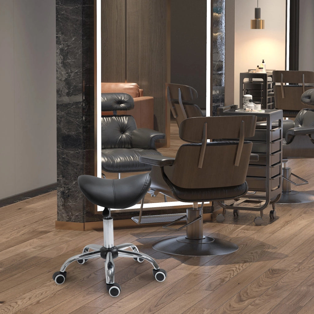 EasyComfort Sgabello da Lavoro a Sella con Ruote e Altezza Regolabile per Negozi Parrucchiere e Tattoo, 52x53x49-61cm Nero