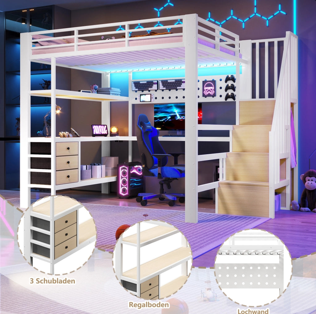 Letto a soppalco in metallo e MDF con scrivania, cassetti e LED