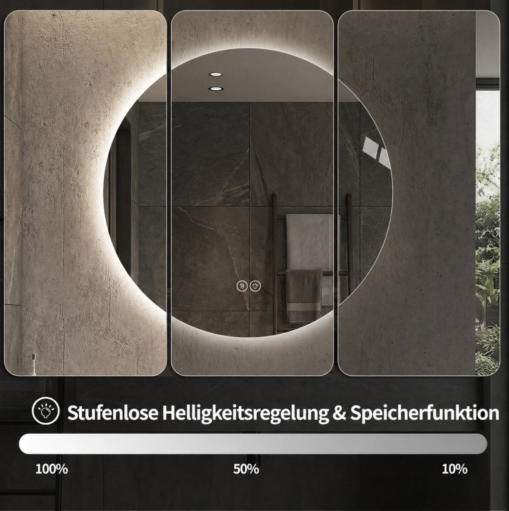 Specchio bagno LED rotondo 80 cm con retroilluminazione, antiappannamento, 3 tonalità di luce dimmerabili, funzione memoria, sensore touch, vetro argento HD senza rame 5 mm