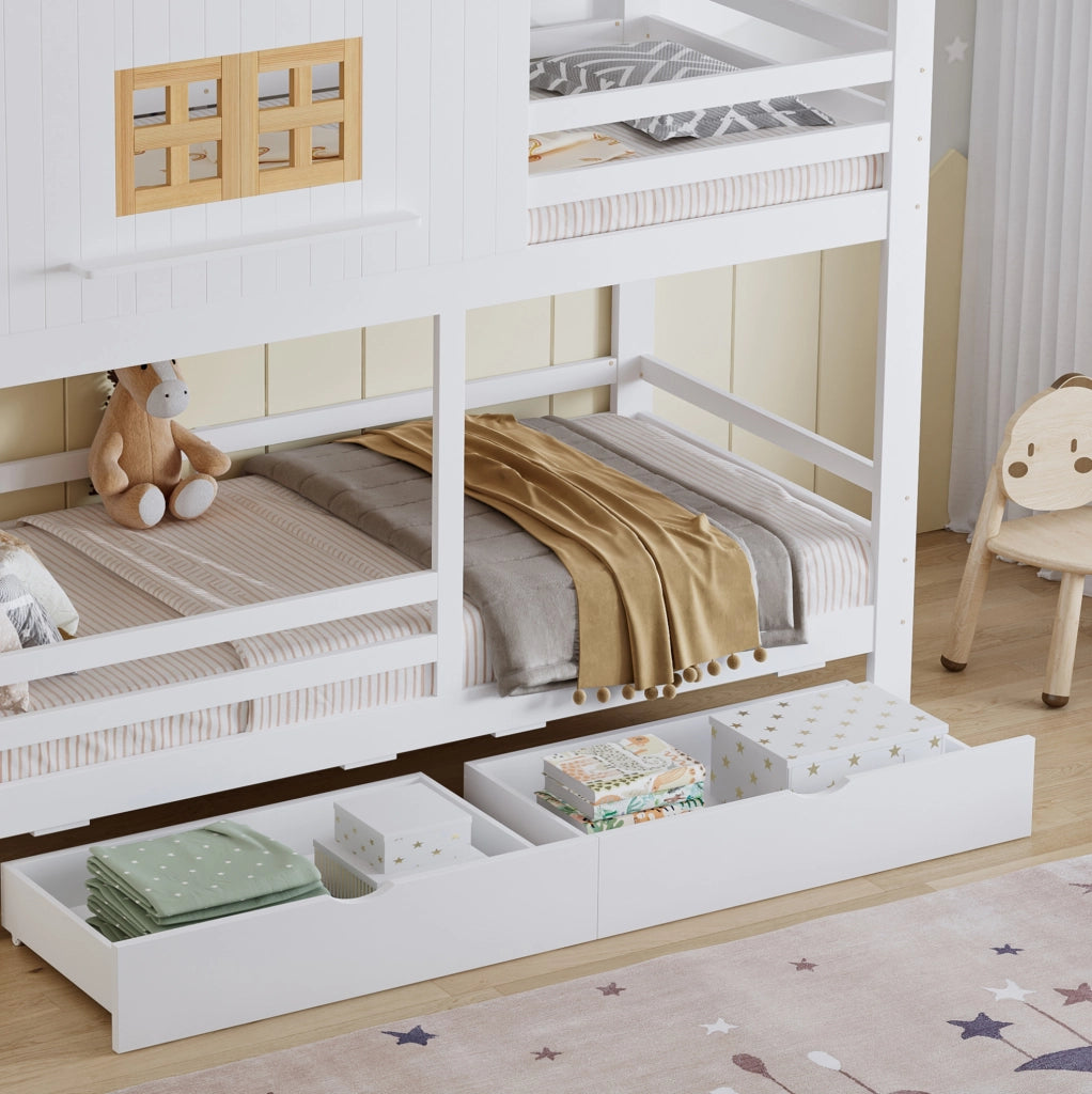 Letto a castello 90x200 cm con 2 cassetti in pino, MDF e compensato