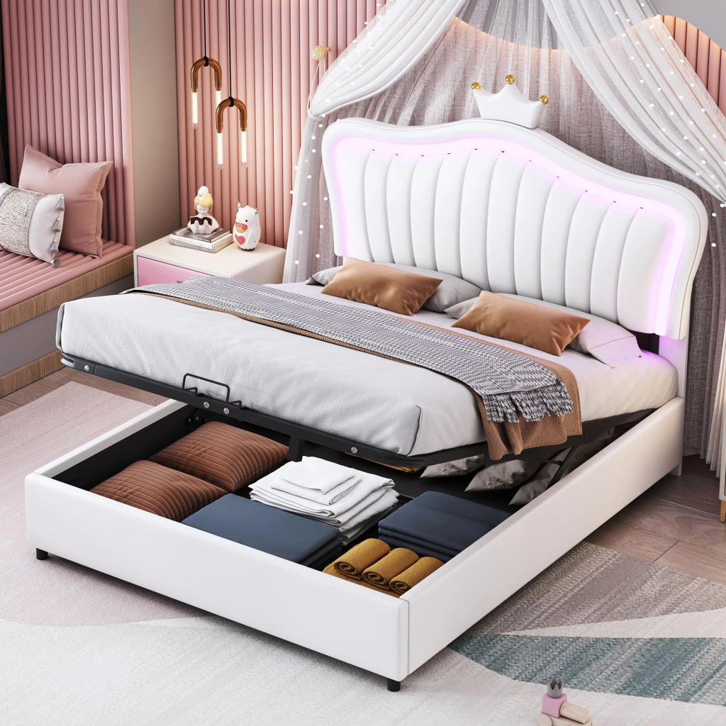 OKWISH Letto Bambini 140×200 cm, Letto Singolo con Contenitore Idraulico, LED Multicolore e Testiera Regolabile, senza Materasso, PU Bianco