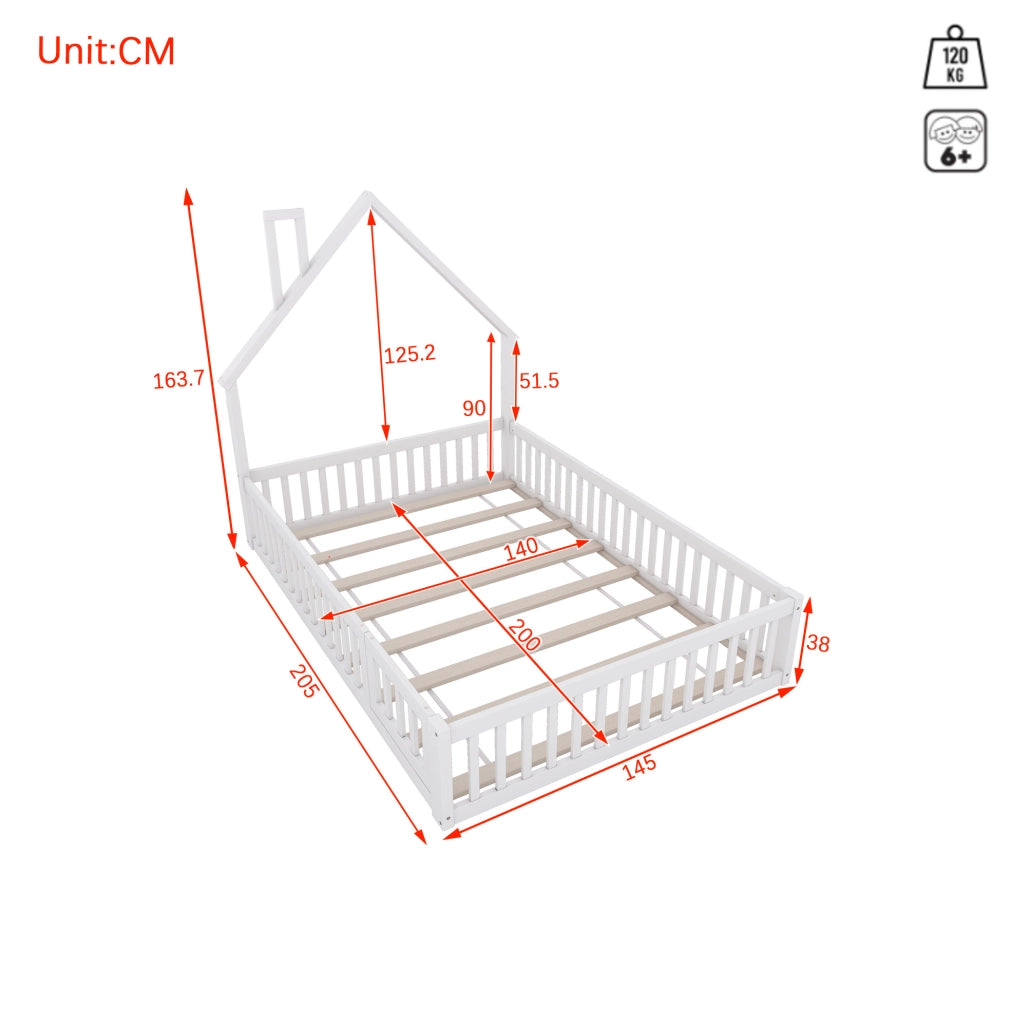 LETTO per bambini 140x200 cm con sponde di sicurezza, pino e MDF bianco