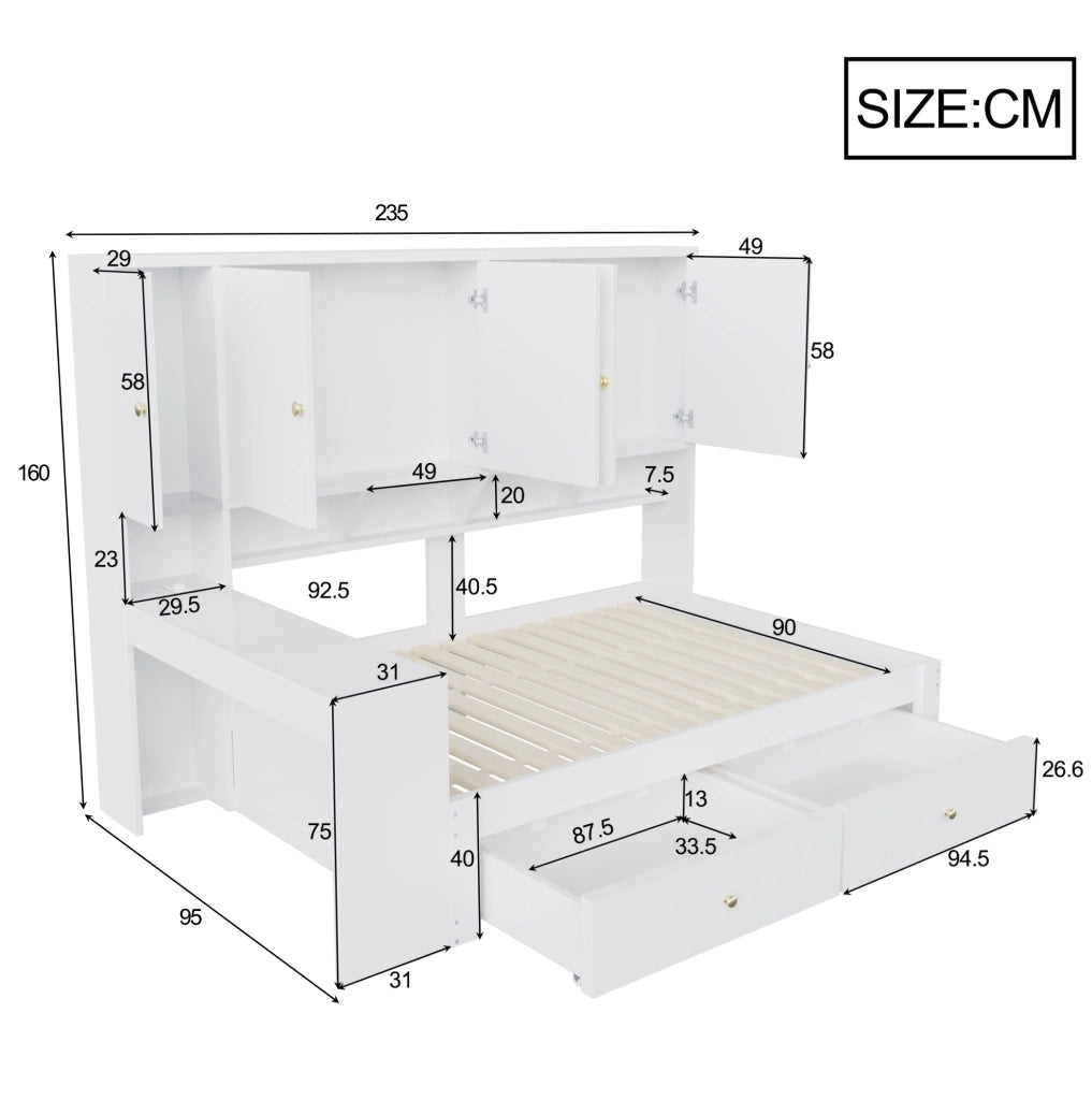 Letto multifunzione ULEVR 90x200 cm con scrivania, armadi, cassetti, LED e prese, bianco