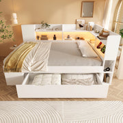 Letto matrimoniale a piattaforma 140 × 200 cm in legno bianco con LED USB Tipo C cassetti e ripiani