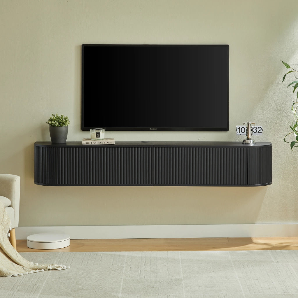 Mobile TV sospeso con passacavi e ante scanalate a chiusura ammortizzata nero 180 × 32 × 30 cm