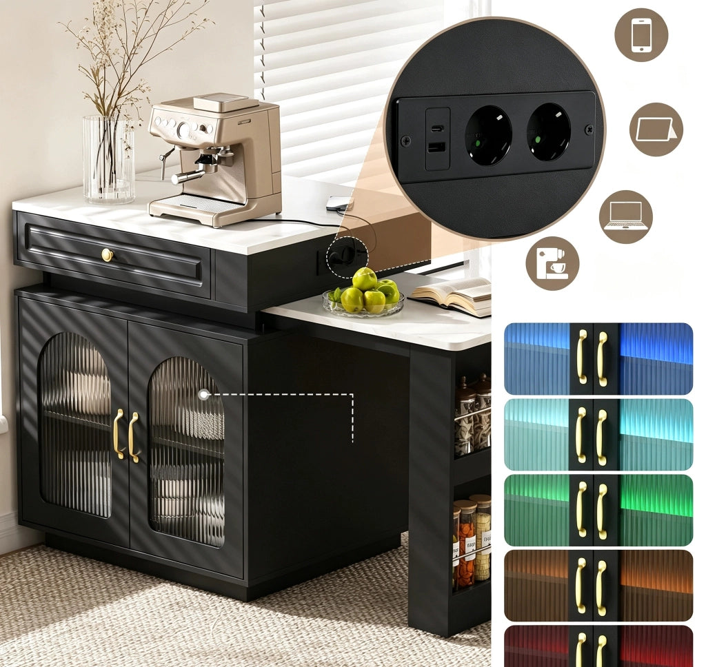 Isola Cucina Mobile con Ruote 128-200x71x92 cm; Tavolo Estensibile con LED; Prese Elettriche; Vetrine e Cassetto; Nero