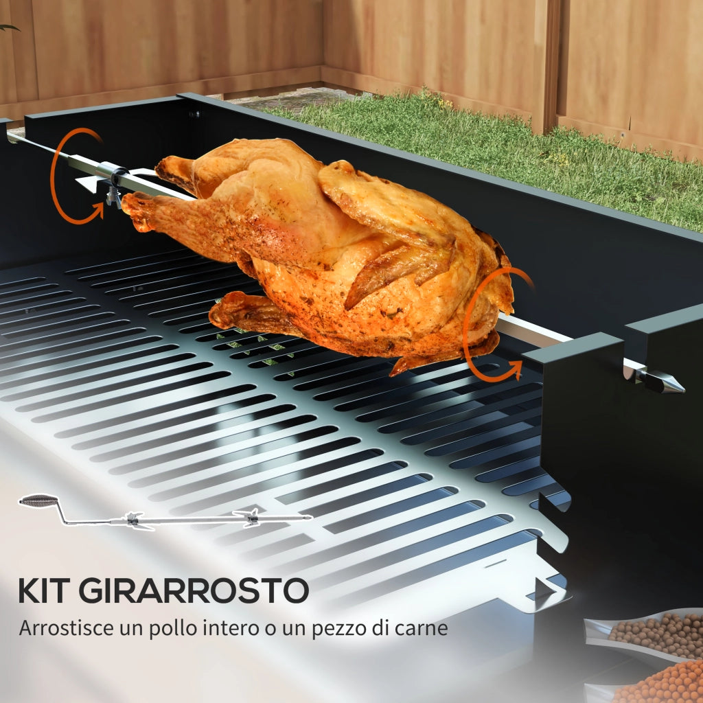Barbecue a Carbone 3 Livelli con Girarrosto ¨C Xylo ¨C Acciaio Inox Nero 118x32x90 cm