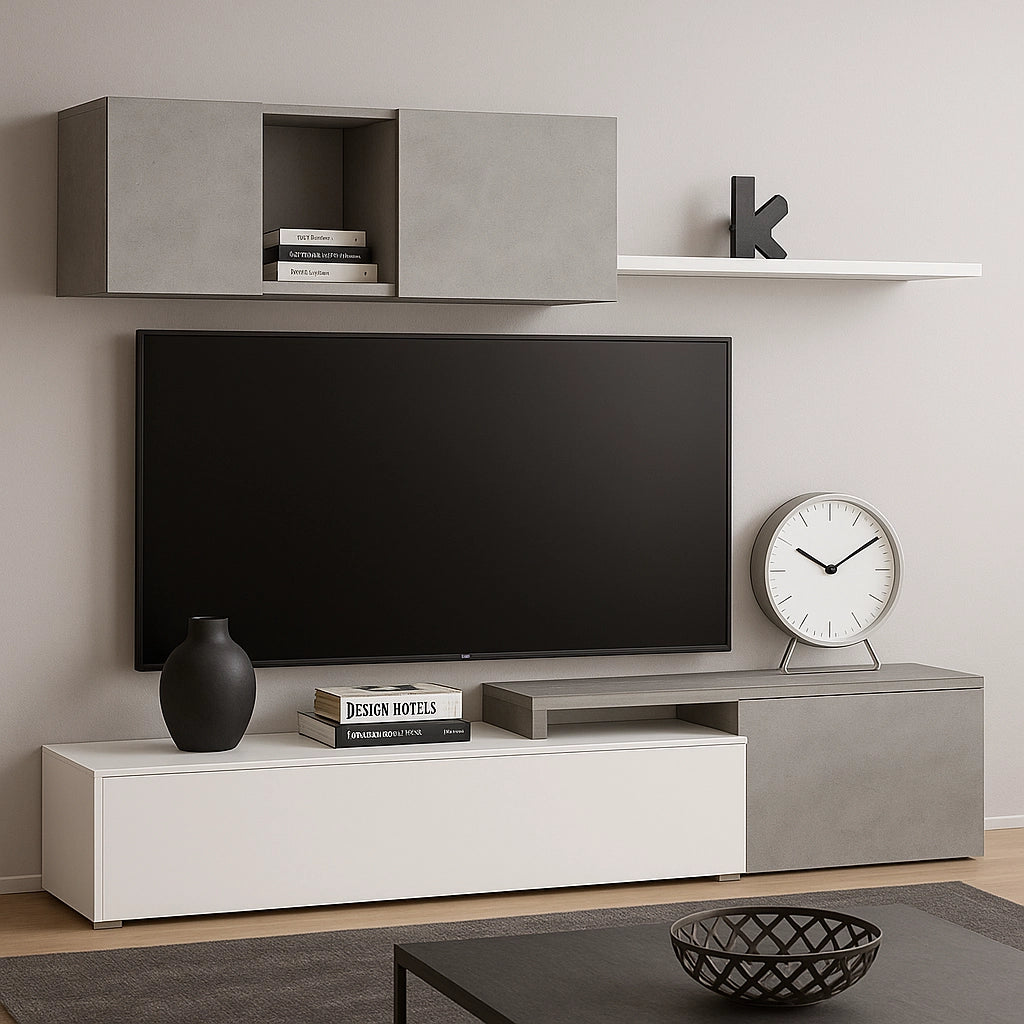Parete Attrezzata Mobile Soggiorno TV con Mensola Pensile Salotto Legno Base Televisione Sala da Pranzo Design Moderno Modulare Reversibile Adelaide 201 x 41 x 44 cm Colore Bianco e Grigio Cemento
