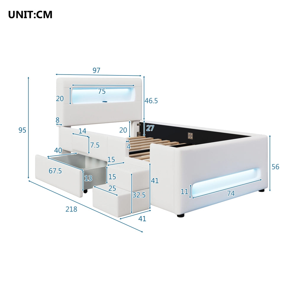 Letto imbottito a piattaforma 90 x 200 cm con scala, cassetti, strisce LED, USB e tasche contenitore - Bianco