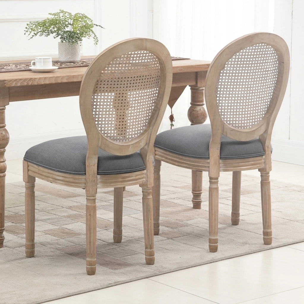 Set 2 Sedie Sala da Pranzo 49x56x96 cm con Schienale in Rattan Traforato Gambe in Legno in Tessuto Effetto Lino Grigio