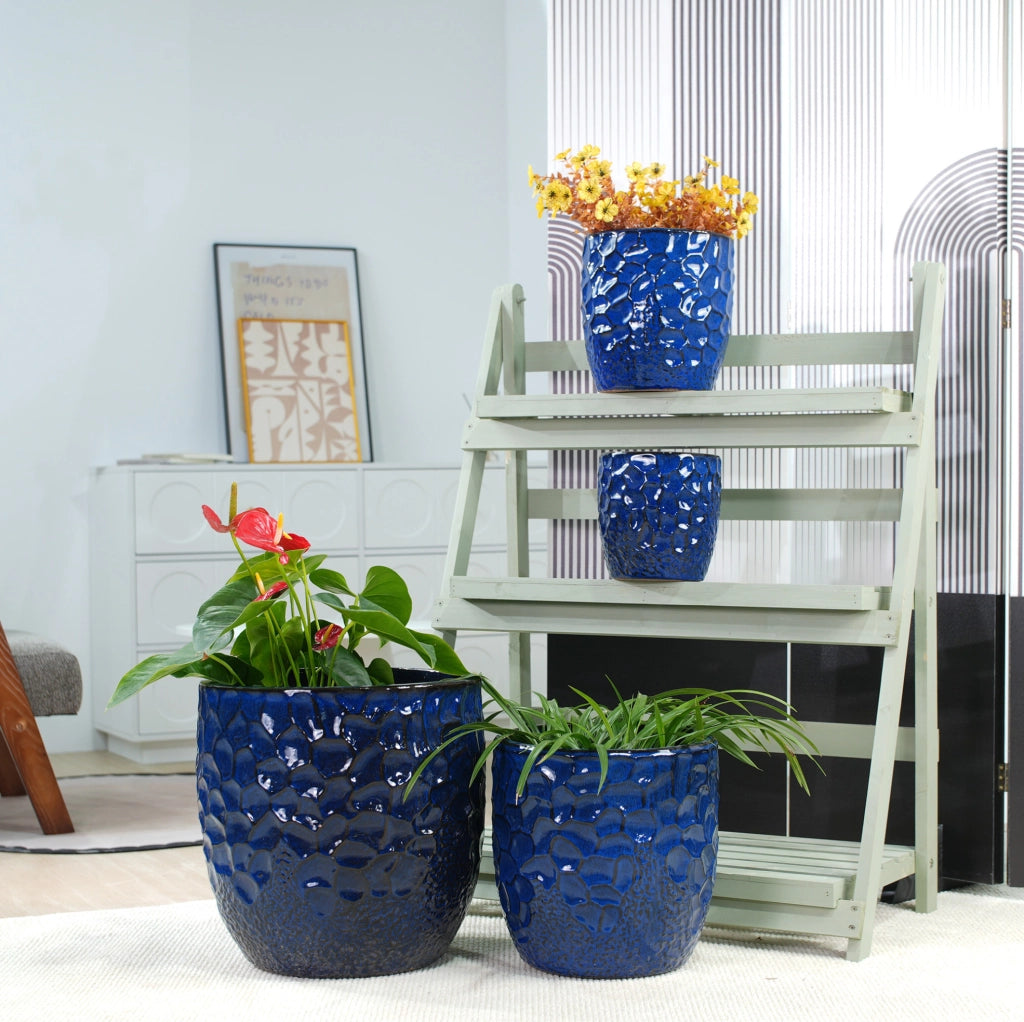 Vaso in Ceramica Smaltata Blu Scuro Ø22,5 cm con Motivo a Martellatura per Piante Grasse e Piante da Interno