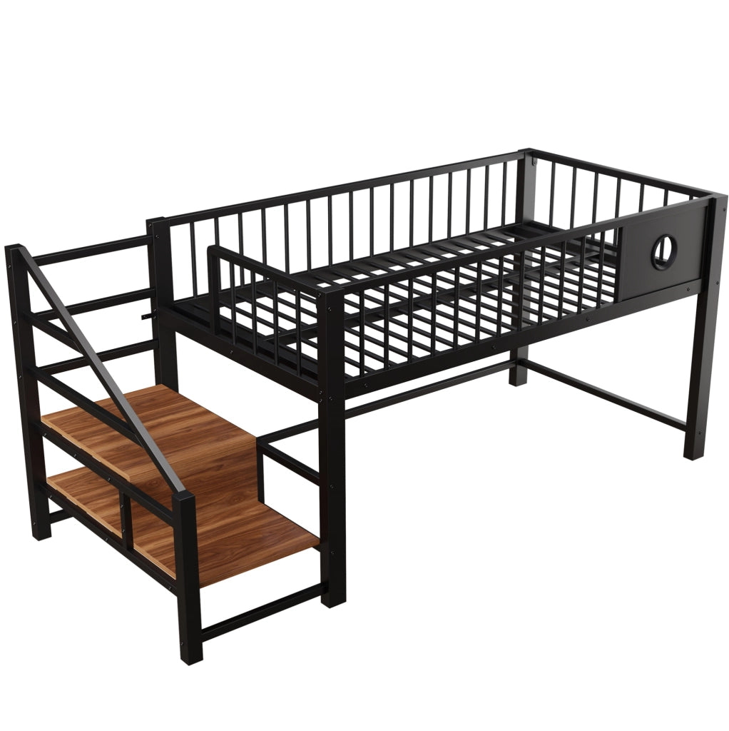 Letto a soppalco basso per bambini 90x200 cm con struttura metallica nera e scala contenitore