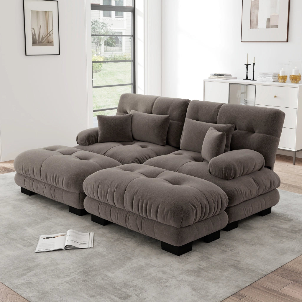 Divano angolare Cloud in chenille vintage marrone con braccioli imbottiti e 2 pouf