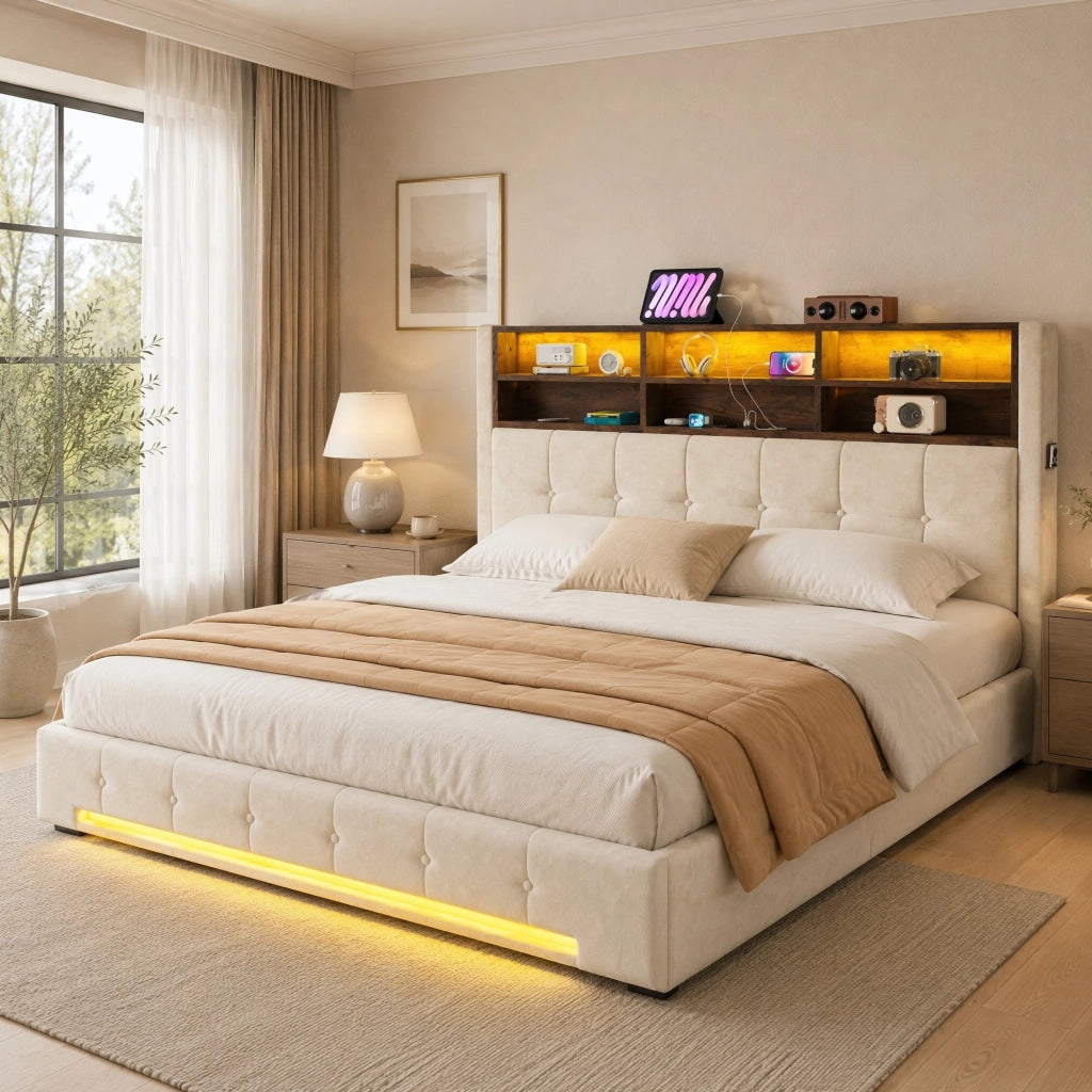 Letto imbottito 180 × 200 cm con contenitore idraulico testiera multifunzione USB-C LED velluto beige