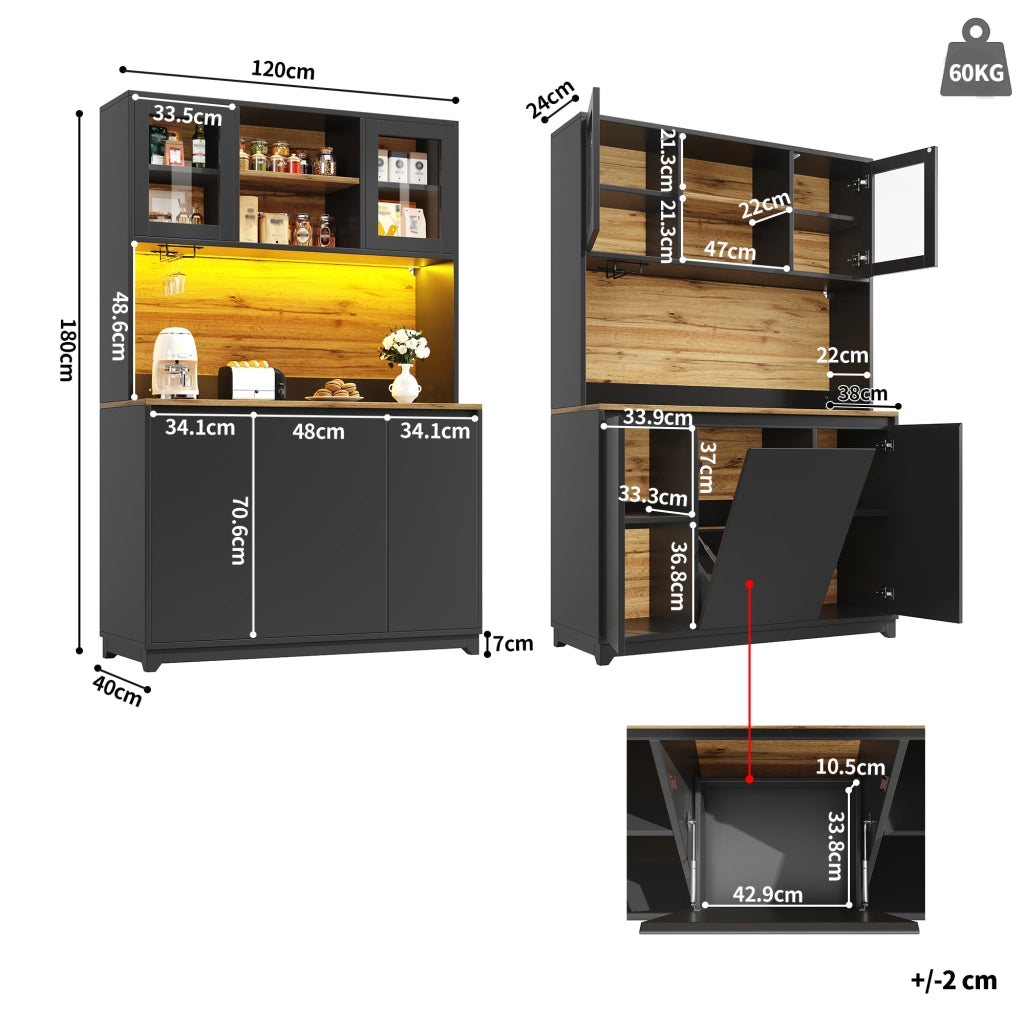 CREDENZA da Cucina 120x40x180 cm con LED e Ante in Acrilico Nera MDF Metallo
