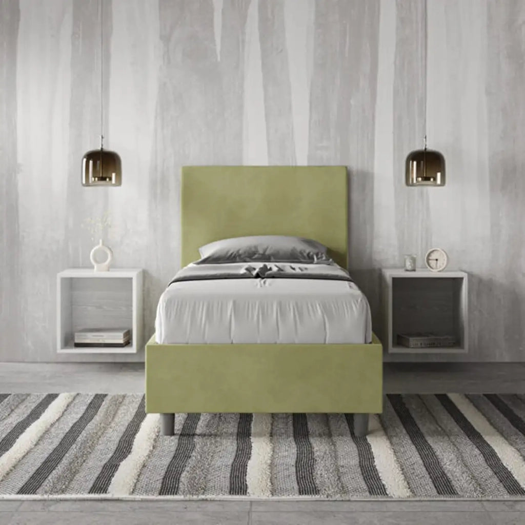 Letto singolo con rete imbottito 80x210 microfibra tè verde Adele