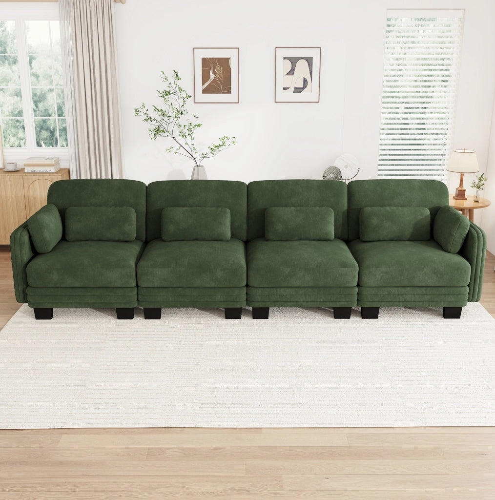 Divano modulare in ciniglia verde 330 x 88 x 88 cm con cuscini lombari e bracciolo