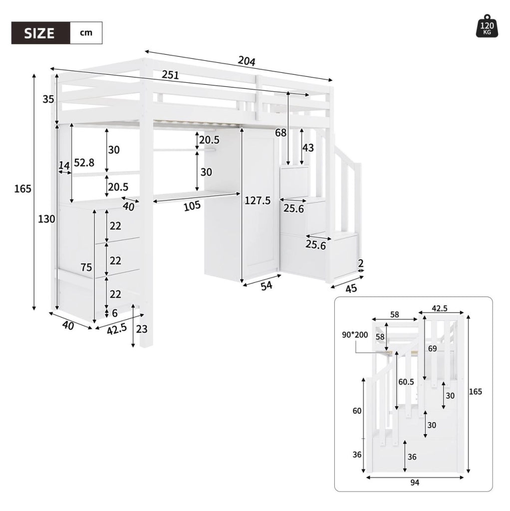 Letto a soppalco per bambini 90x200 cm bianco in MDF e legno con lavagna e contenitore， senza materasso