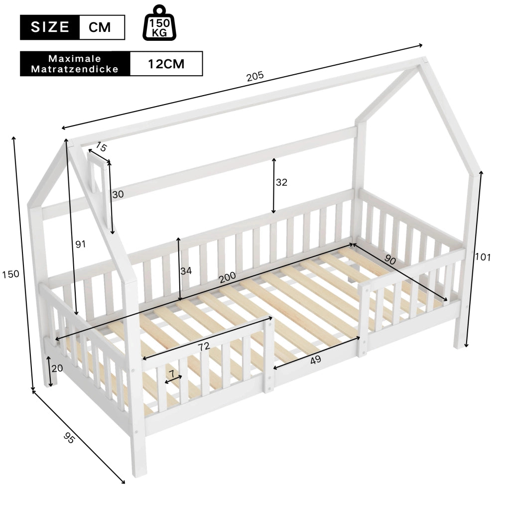 LETTO a casetta con tetto e recinto 90x200 cm in legno di pino bianco