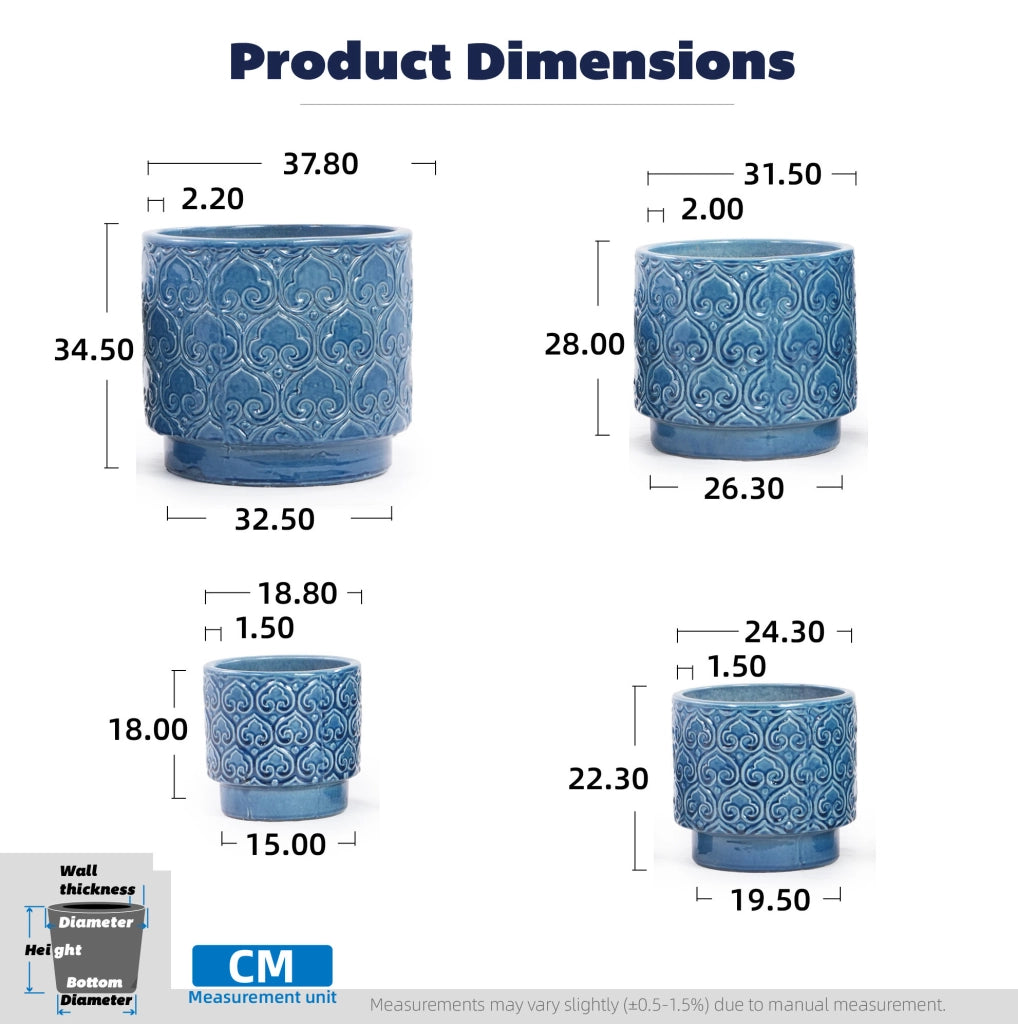 VASO in Ceramica  19 cm Blu Lucido con Foro di Drenaggio