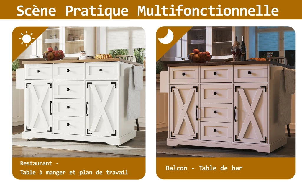 Isola da cucina bianca con finitura effetto legno, carrello portavivande multifunzione mobile con ampio spazio contenitore per cucina, soggiorno e sala da pranzo