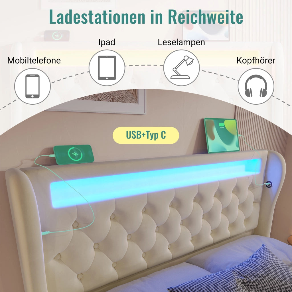 Letto contenitore 160 × 200 cm idraulico con LED USB e Type-C in velluto beige
