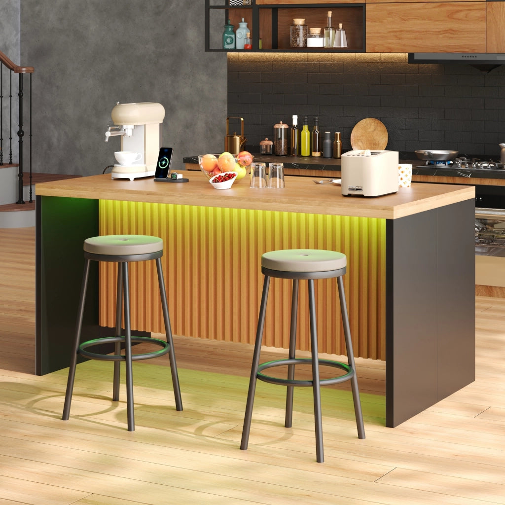 Isola da cucina industriale 155x80x90 cm in MDF nero e naturale con LED; prese e USB