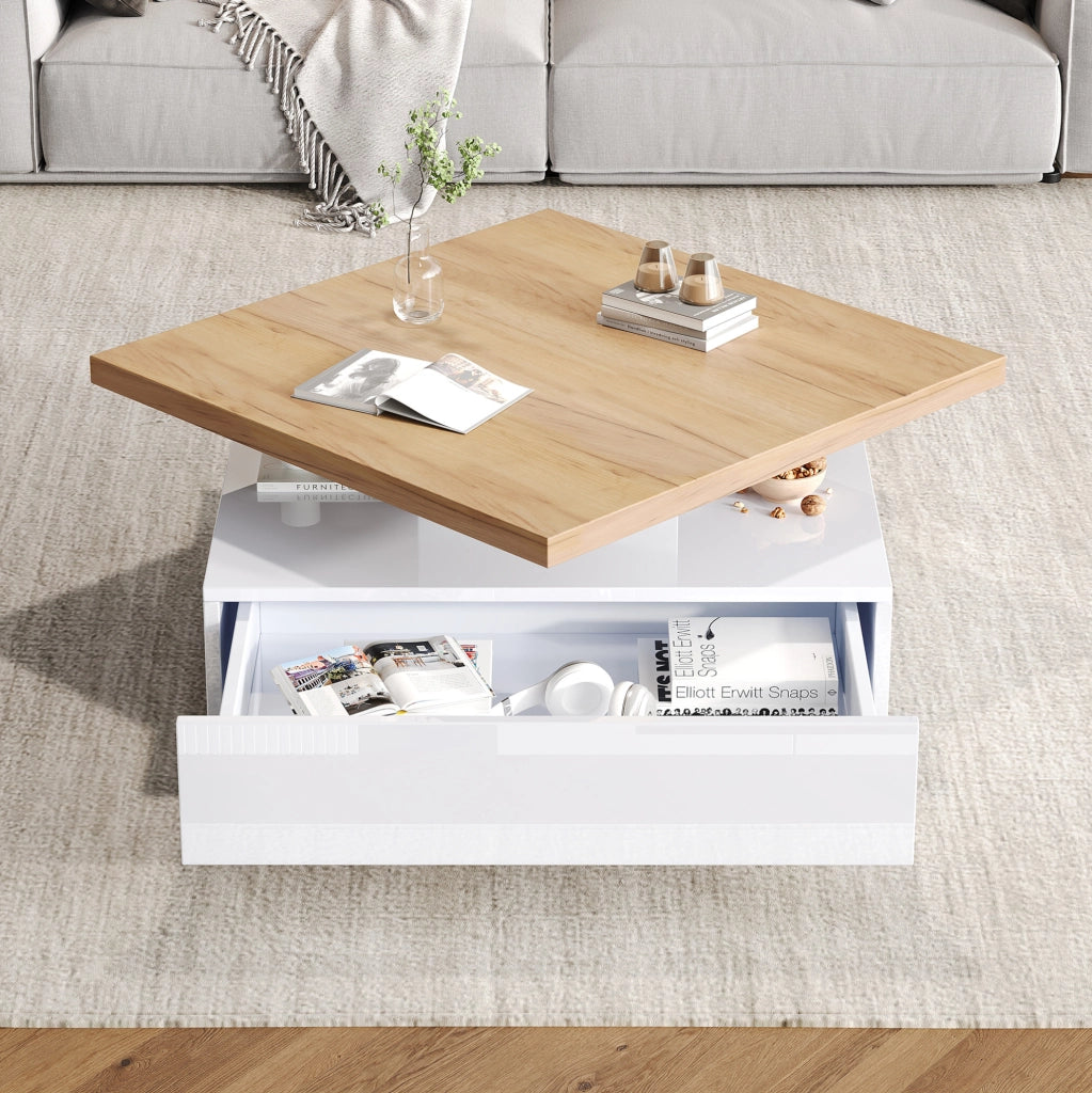 Tavolino multifunzione quadrato con rotazione 360°, struttura in truciolato noce e bianco lucido, 70x70x36 cm