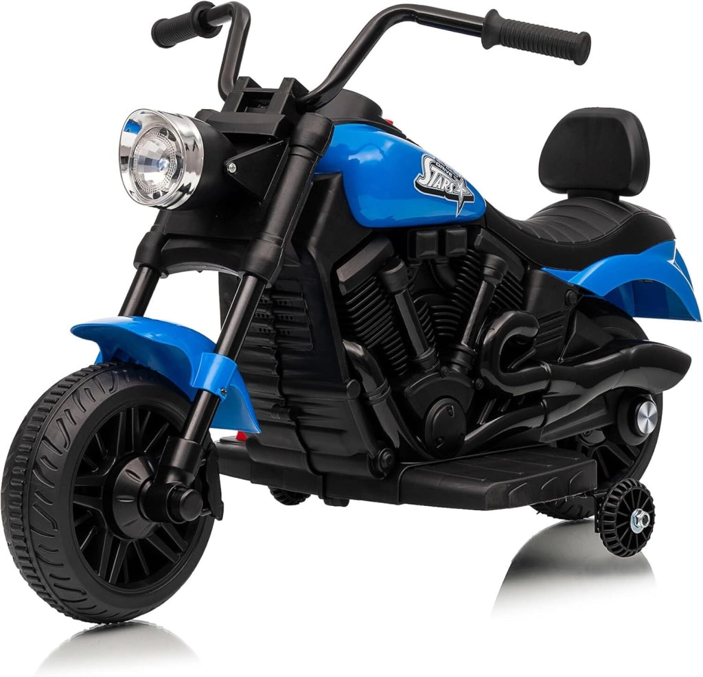 Moto Elettrica per Bambini 6V con Ruote di Supporto; Fari LED e Musica; Max 25kg; da 18 Mesi - Blu