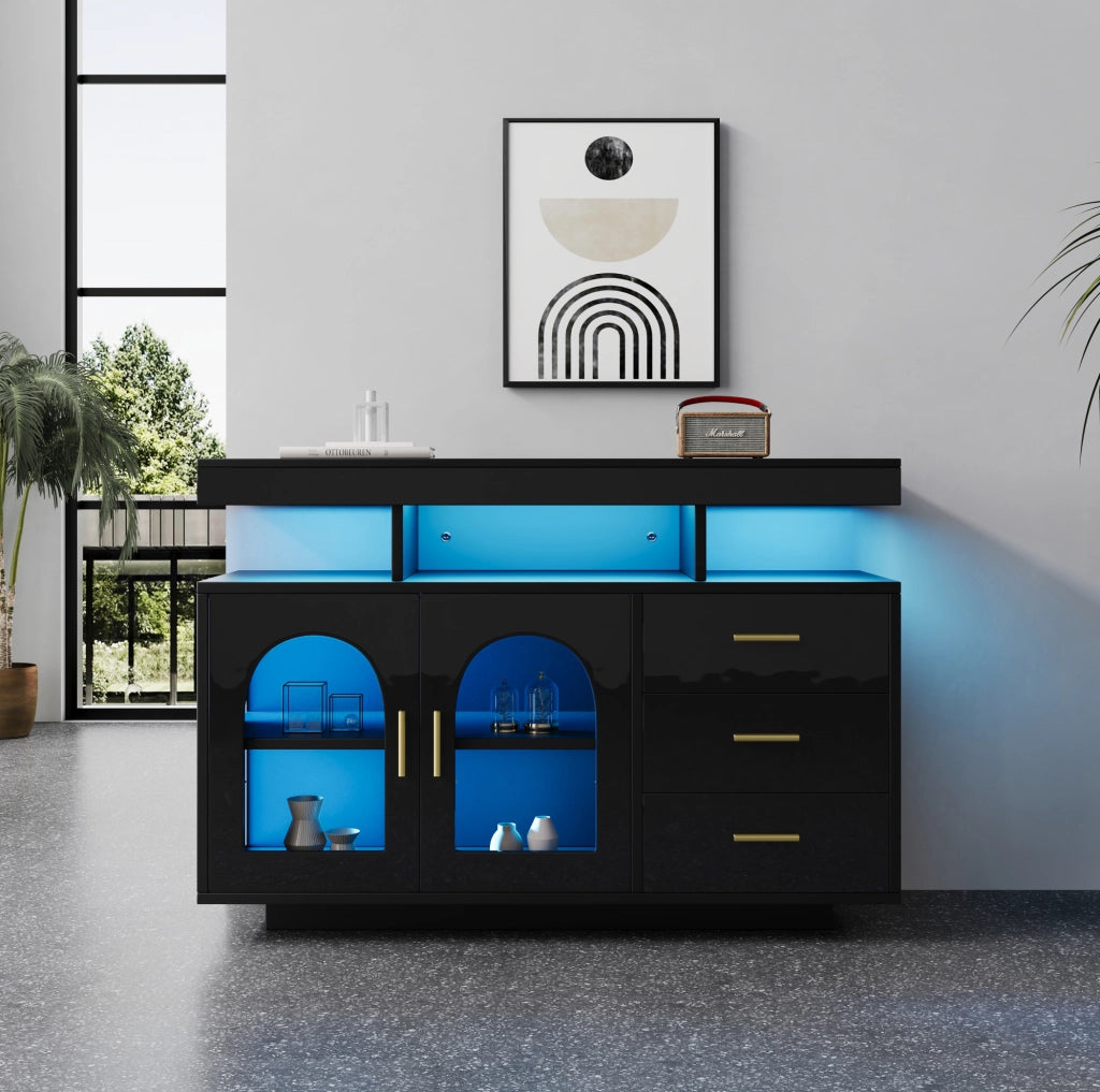 Madia buffet 120x40x80 cm con LED RGB; 3 cassetti e ante in acrilico nera HOMVRA