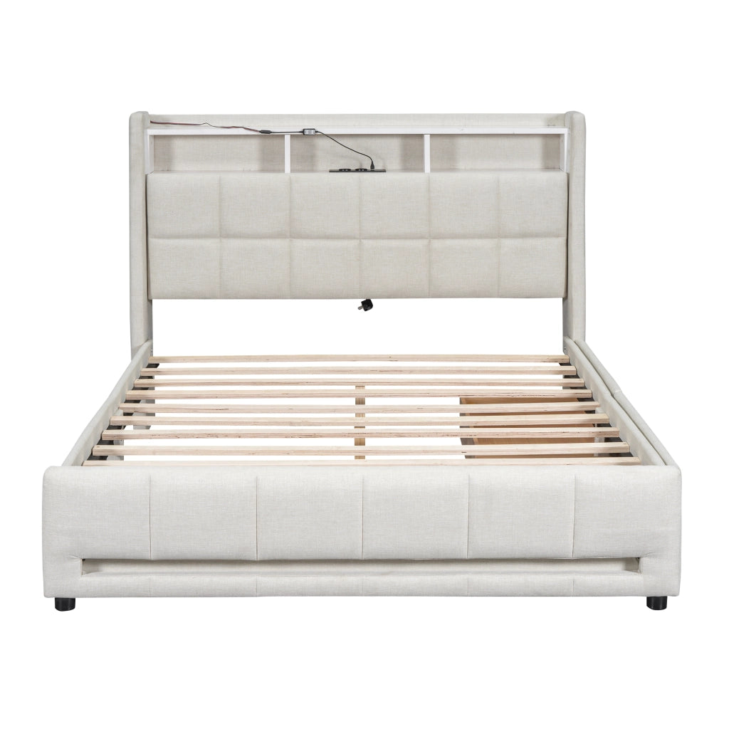 Letto Imbottito 140x200 cm in lino con Cassetti; LED; USB-C Beige