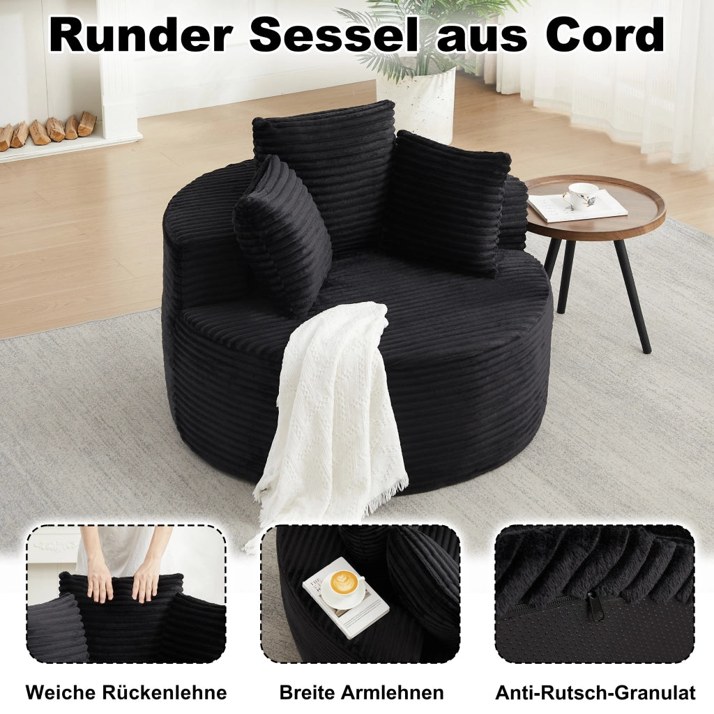 Poltrona lounge rotonda imbottita in velluto a coste nero con 3 cuscini; braccioli larghi e diametro 110 cm