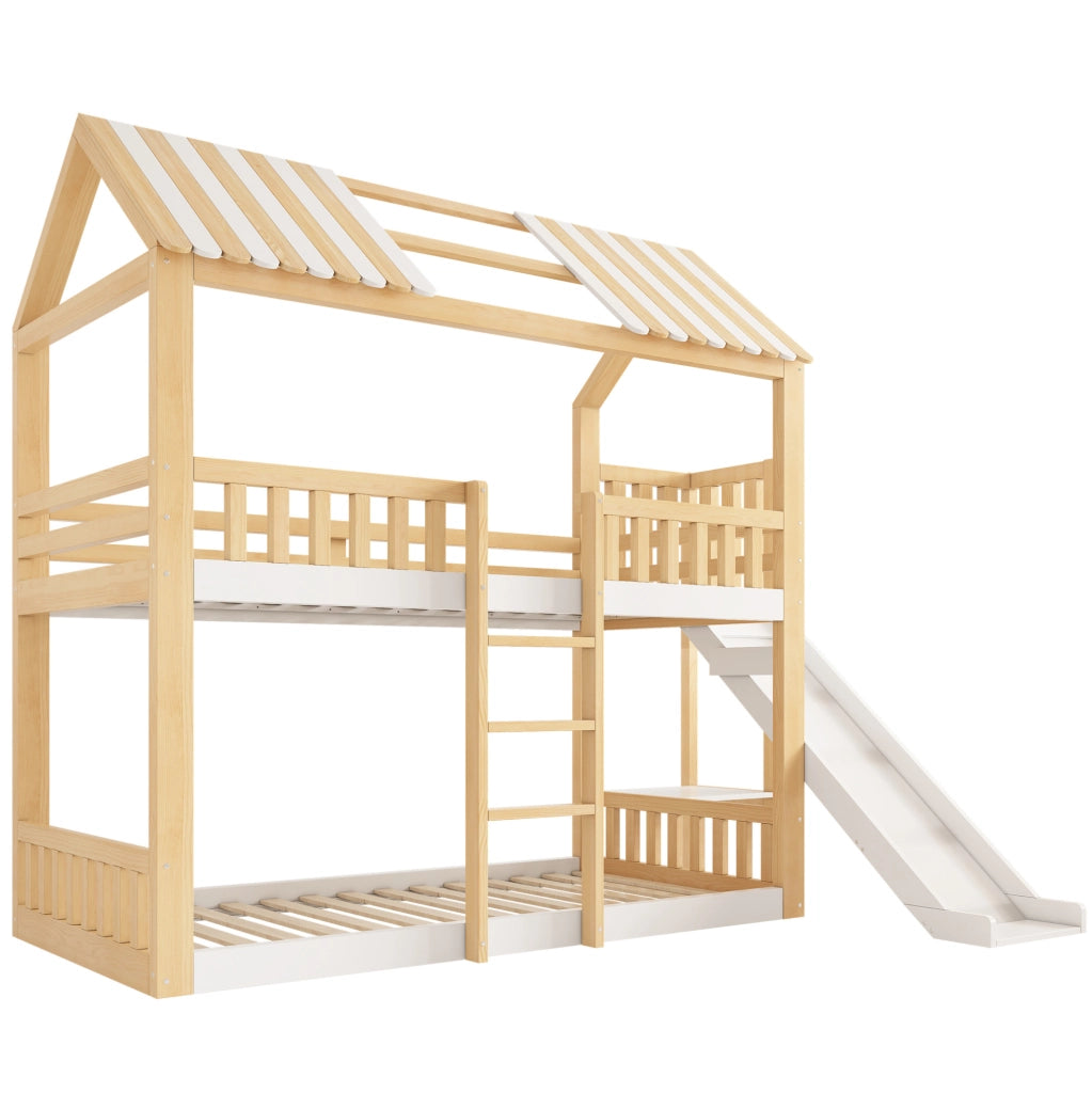 Letto a castello 90x200 cm con scivolo e ripiano in MDF, pino e compensato
