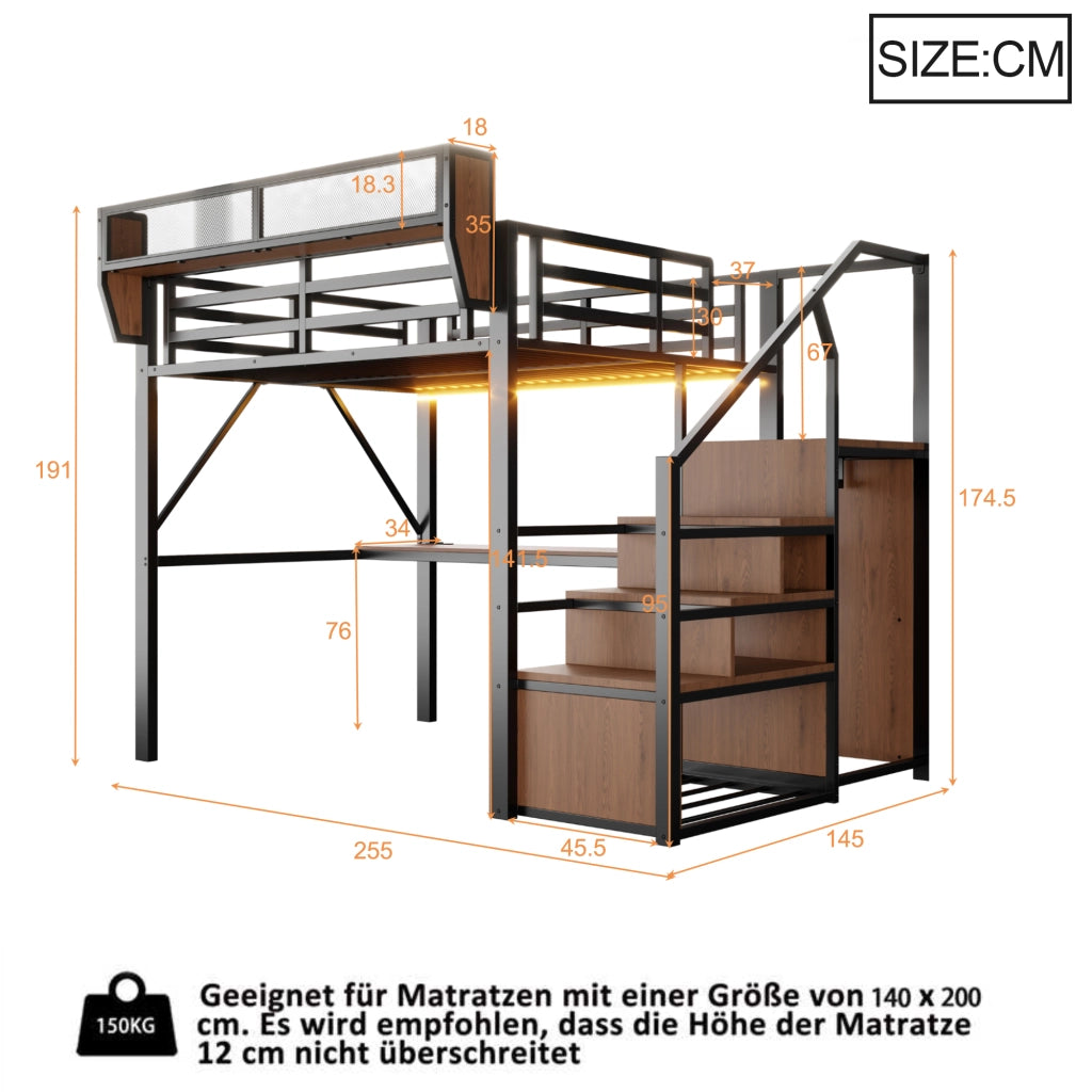 Letto a Soppalco 140x200 in Metallo con Scrivania; Luci LED e Prese Integrate; Nero