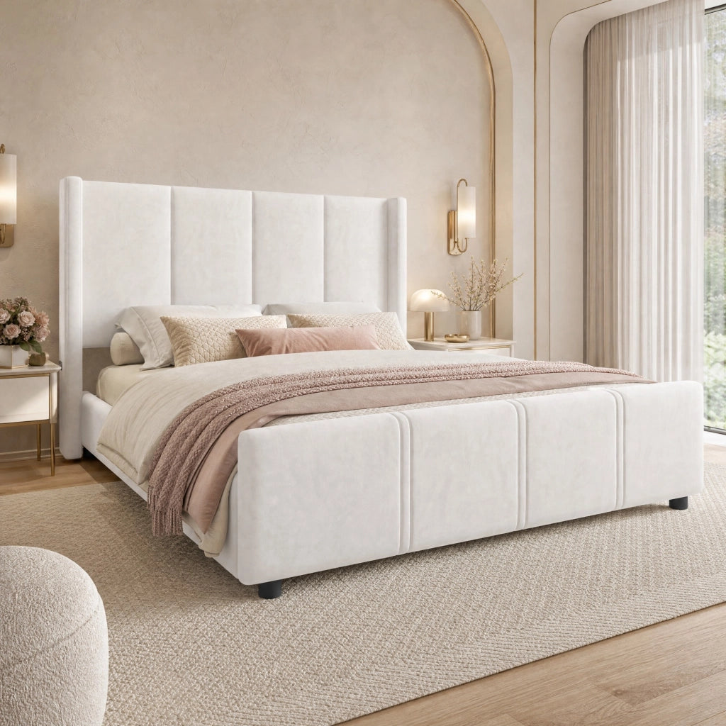 Letto imbottito 140 x 200 cm beige con testiera alta e porte USB/Type-C