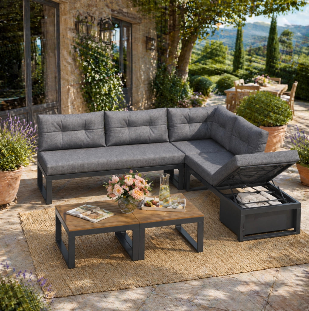 Set divani da giardino modulare 191;5x191;5 cm con contenitore e schienale regolabile; grigio