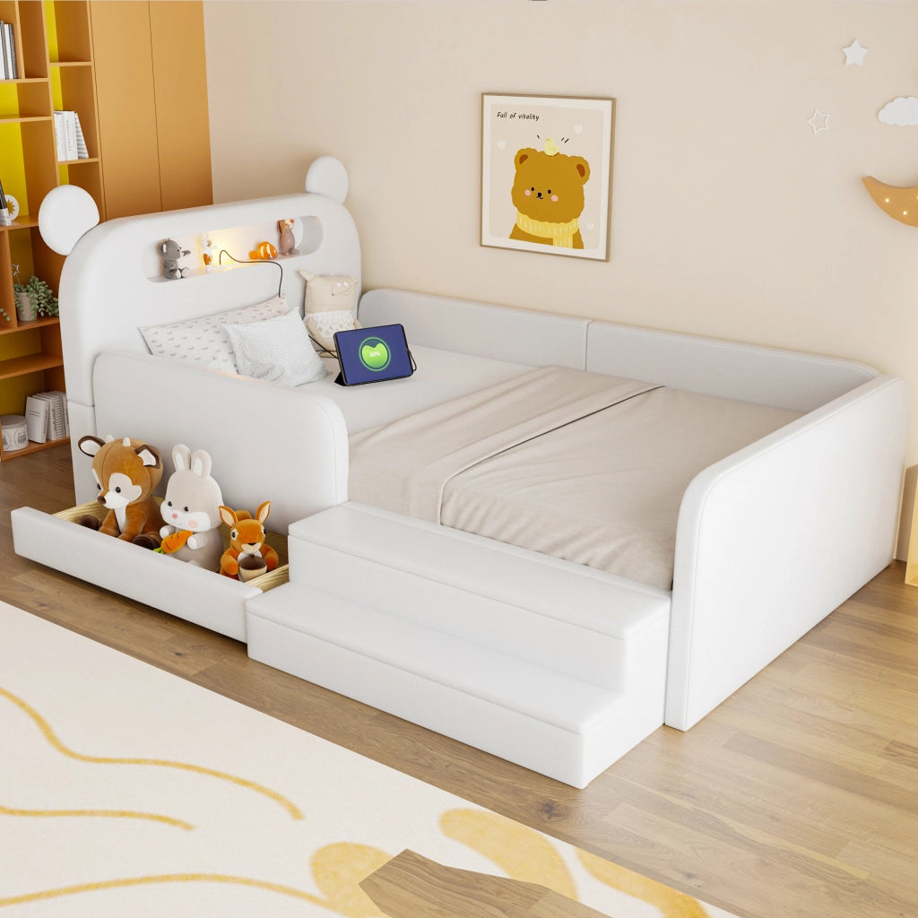 Letto imbattito per bambini con testiera a orsetto; luce notturna; porta USB e contenitore; ecopelle bianca; 90x200 cm; senza materasso