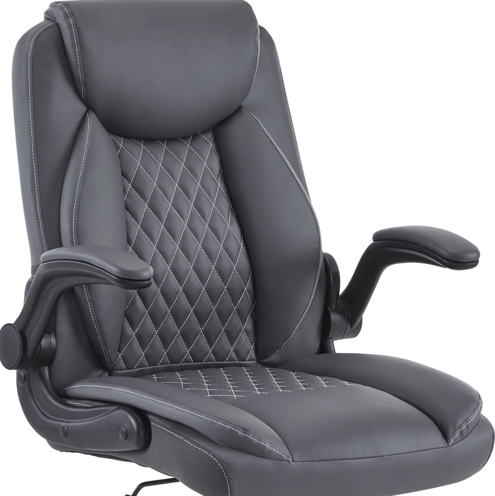 Sedia da ufficio ergonomica con supporto lombare e braccioli ribaltabili in similpelle grigia