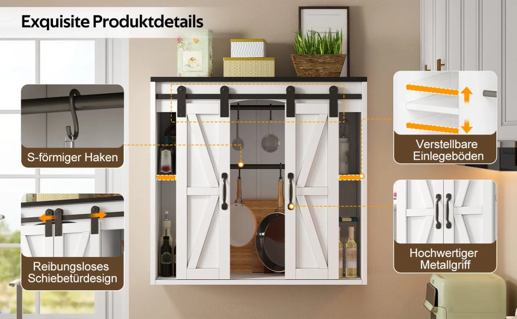Armadio pensile da cucina con 2 ante scorrevoli e ripiani regolabili, 80x31x76 cm, per soggiorno, bagno e lavanderia