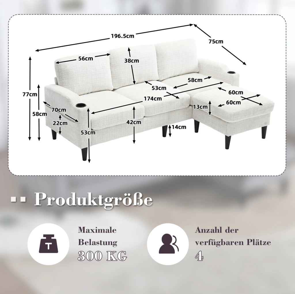 Divano 4 posti in ciniglia beige con pouf contenitore