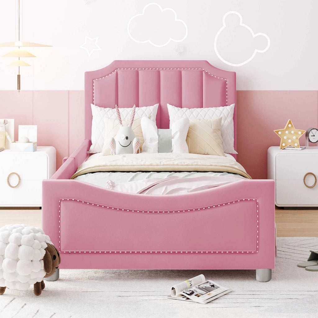 Letto singolo imbottito 90x200 cm rosa con schienale e braccioli, senza materasso